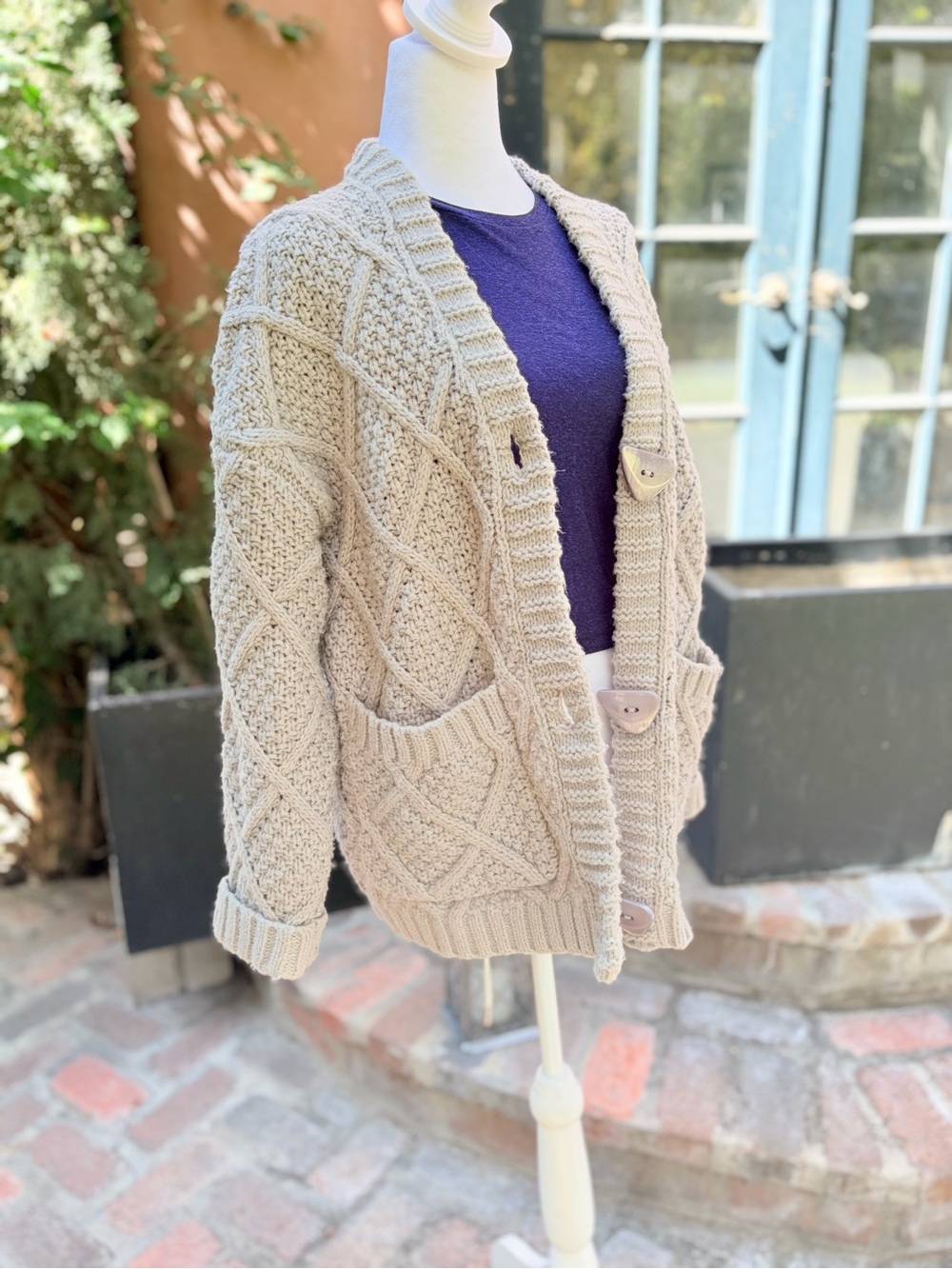 En Creme Chunky Cream Cable Knit Button Cardigan